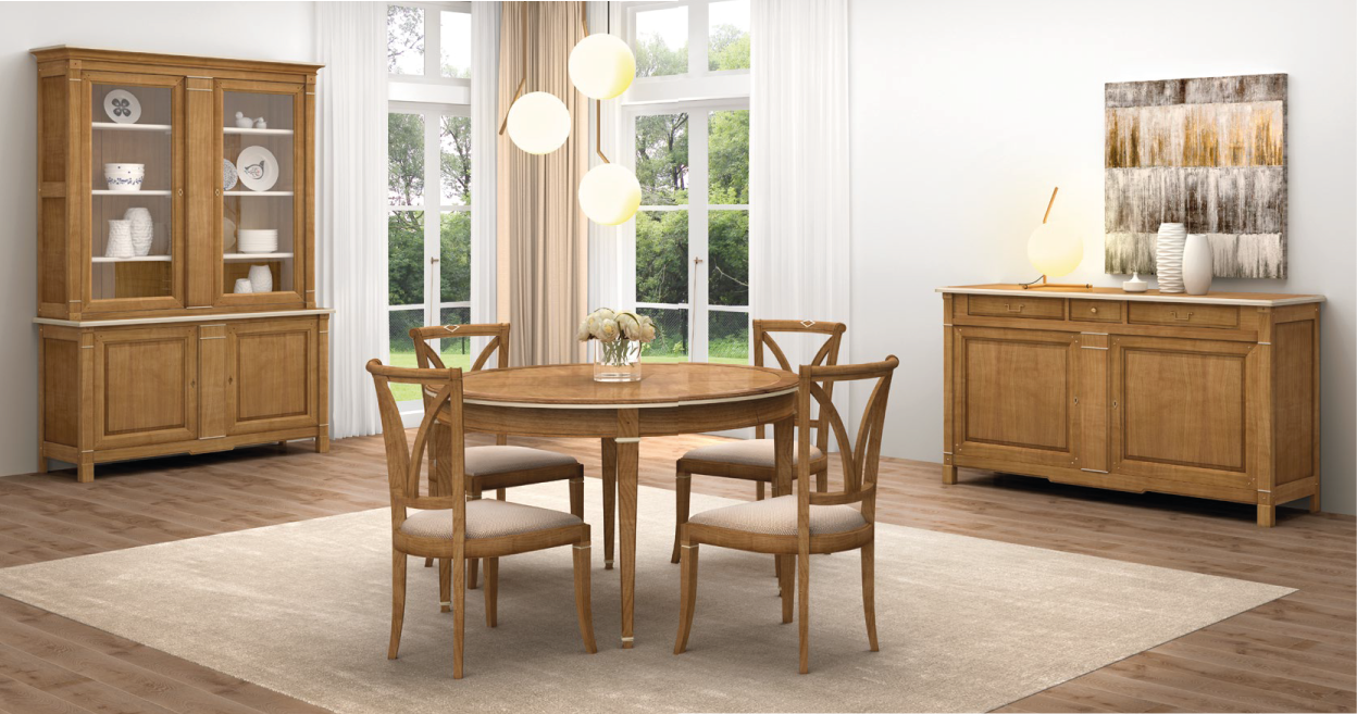 Sala de jantar com mesa, louceiro e aparador clássico