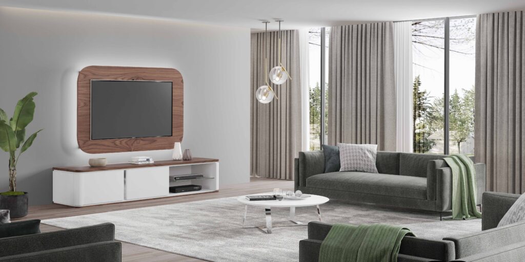 Sala de estar com mesa de apoio e móvel de tv moderno