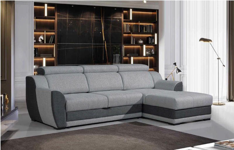 Sofá cinzento com estante decorativa